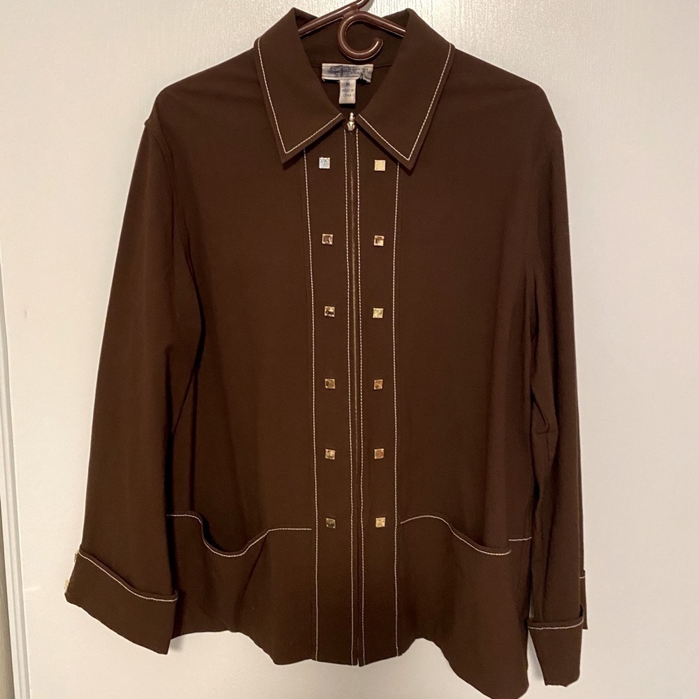 St.John Brown Zipper Down Woman Top Jacket Size M